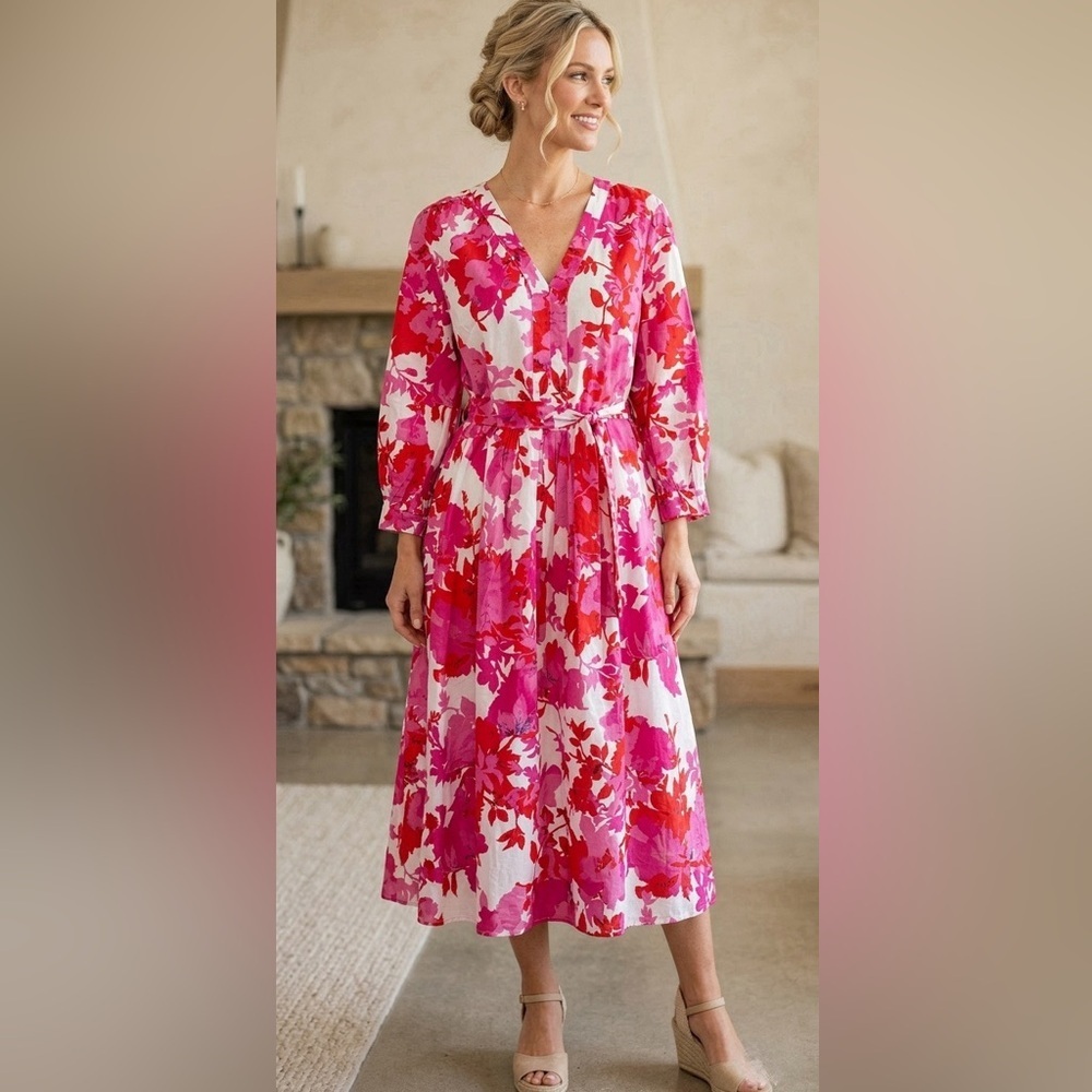 Lawrence Grey Floral Pink & Red Cotton Blend Long Dress